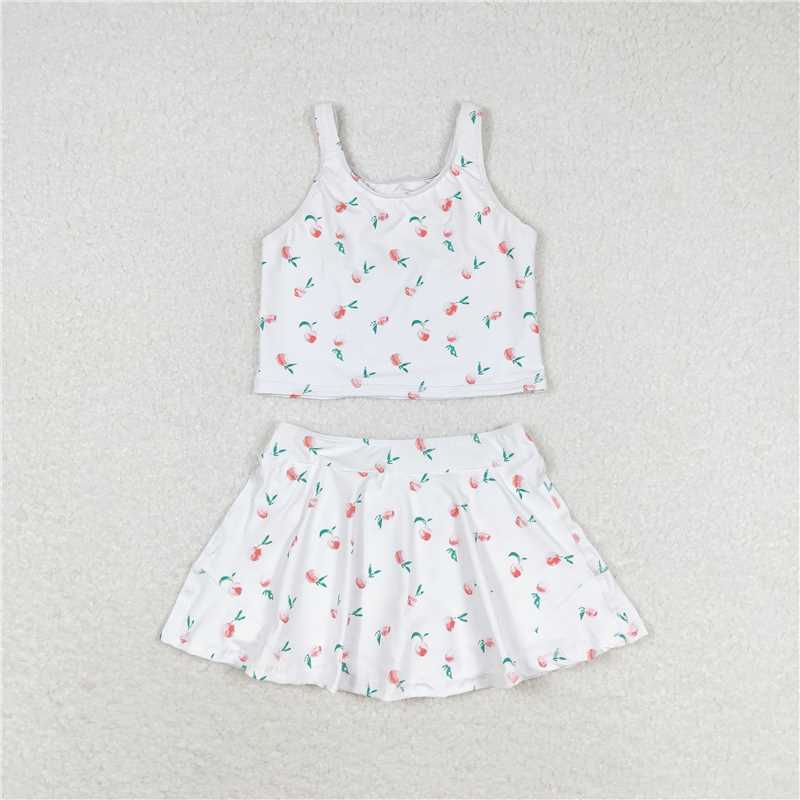 RTS NO MOQ Baby Girls Summer Sets GSD0993 White Sleeveless Peach Top Skirts Swimsuits