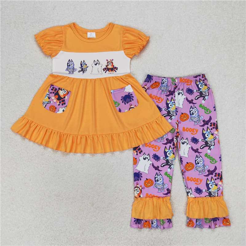 RTS NO MOQ Baby Girls Summer Kids Sets GSPO1569 Halloween Dogs Tunic Tops Ruffle Pants Clothes Sets