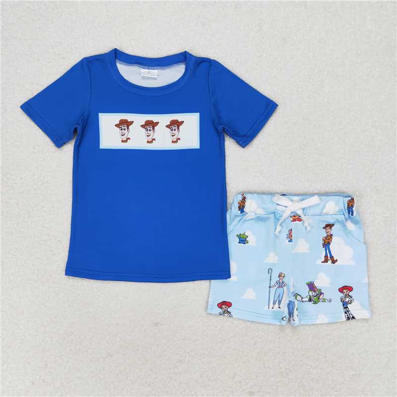 RTS NO MOQ Baby Boys kids Summer Sets BSSO0892 Navy blue short-sleeved white cloud shorts suit