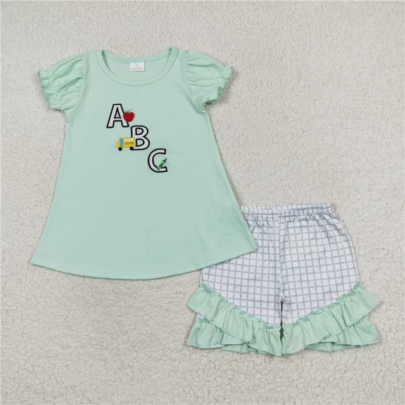 RTS NO MOQ Baby Girls Summer Sets GSSO0930 Toddler Green Back To School ABC Tunic Top Ruffle Shorts Clothes Sets