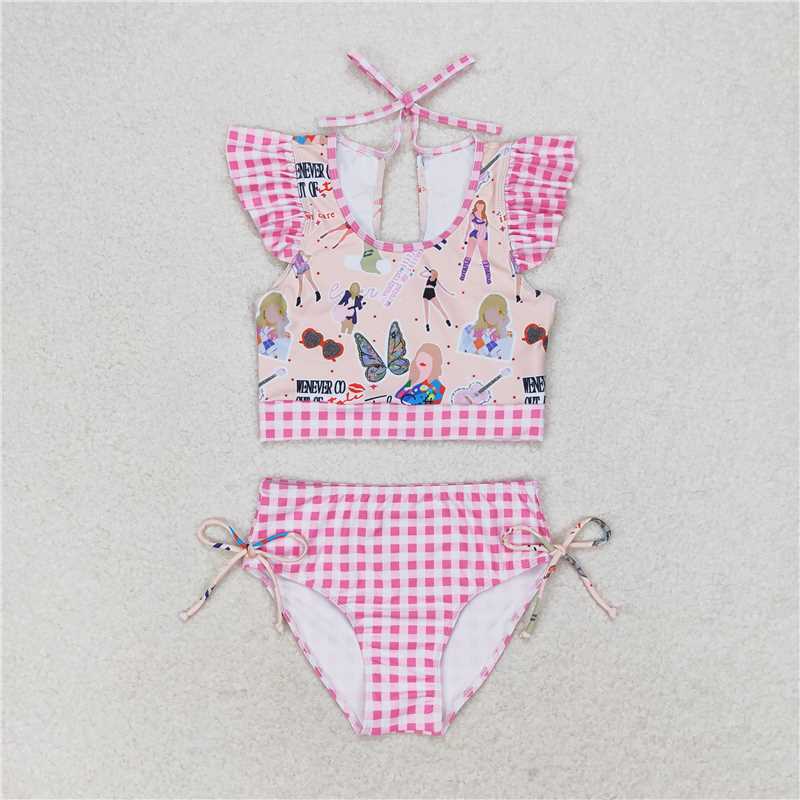 RTS NO MOQ Baby Girls Summer Sets S0291 Pink Top Bummie Two Pieces Swimsuits