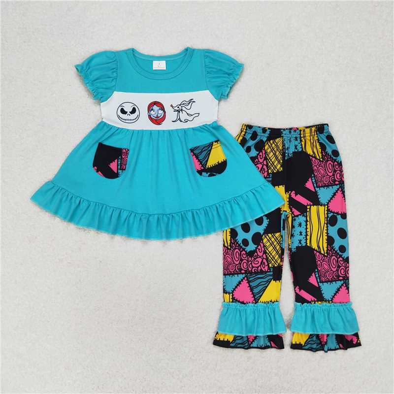 RTS NO MOQ Baby Girls Summer Kids Sets GSPO1579 Halloween Nightmare Ruffle Tops Pants Clothes Sets