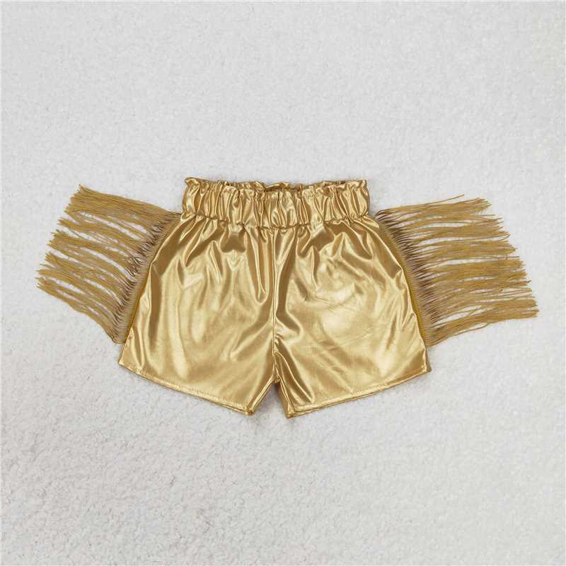 RTS NO MOQ Baby Girls Summer Pants SS0242 Gold Tassel Pleather Shorts