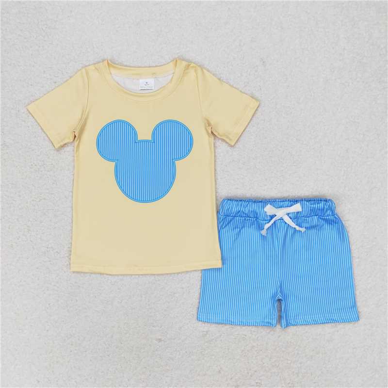 RTS NO MOQ Baby Boys kids Summer Sets BSSO0875 Yellow short-sleeved blue striped shorts suit