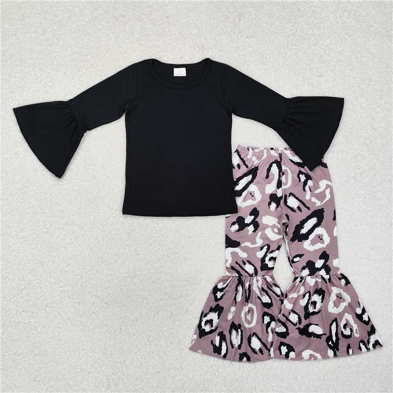 RTS NO MOQ Baby Girls Long Sleeve Outfits GLP1970 Black Cotton Tops Leopard Bell Pants Clothes Sets