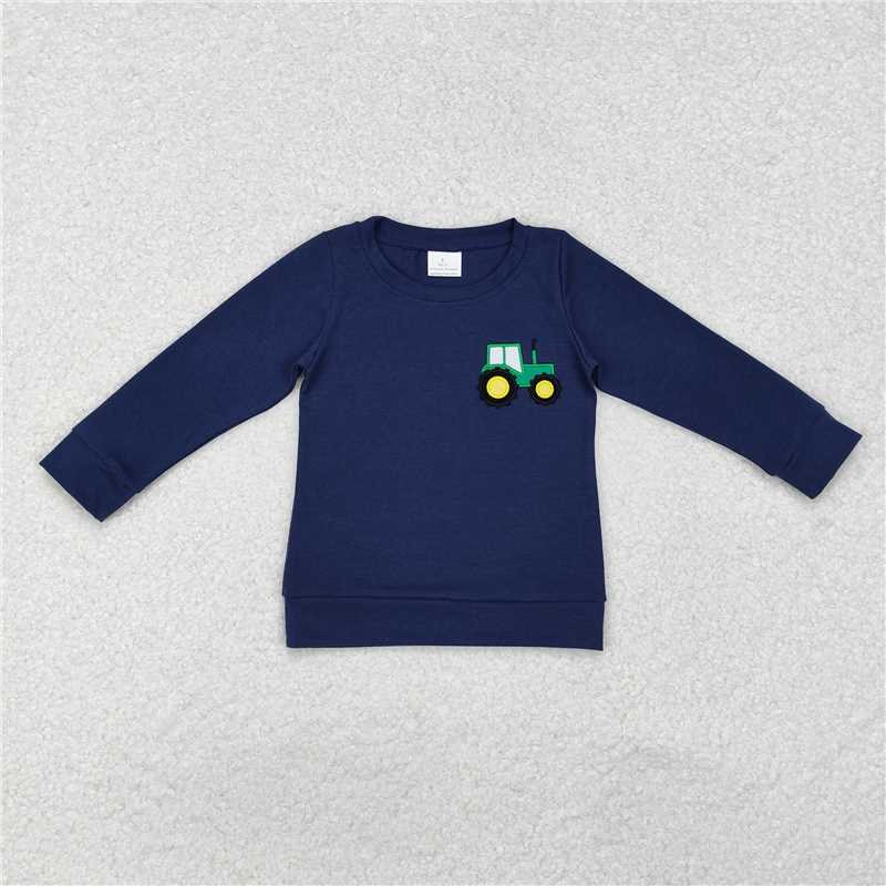 RTS NO MOQ Baby Boys Long Sleeve BT0879 Navy Tractor Farm Tee Shirts Tops