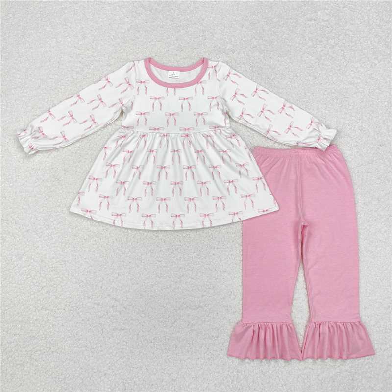 RTS NO MOQ Baby Girls Long Sleeve Outfits GLP1973 Pink Bows Tunic Top Ruffle Pants Clothes Sets
