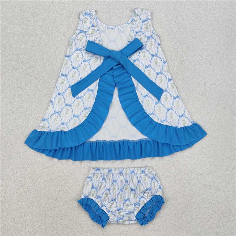 RTS NO MOQ Baby Girls Summer Outifts GBO0450 Blue Bows Ruffle Sleeveless Top Bummies Clothes Sets