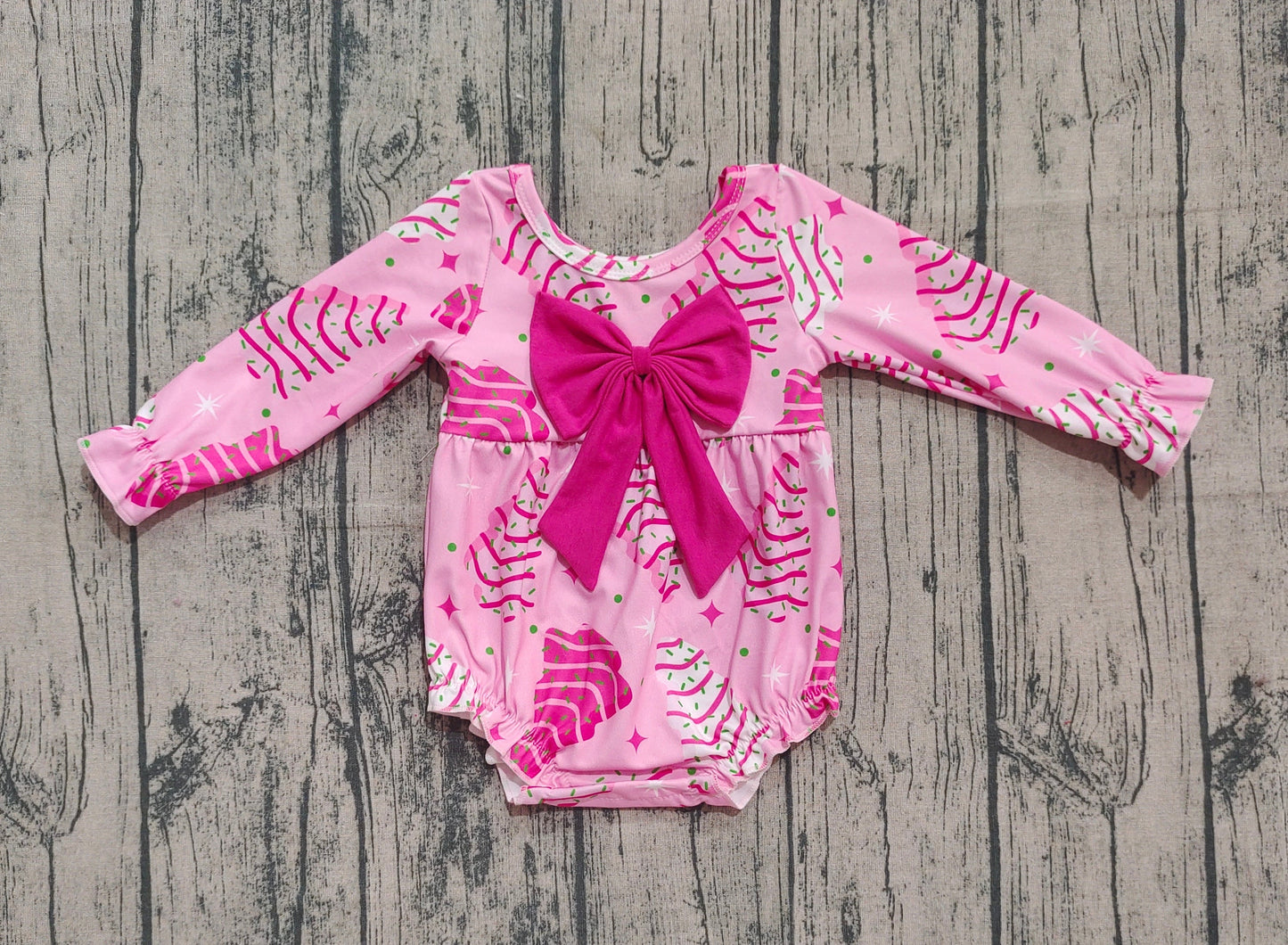 RTS Baby Girl Long Sleeves Cakes Tree Christmas Pink Bow Bubble Romper