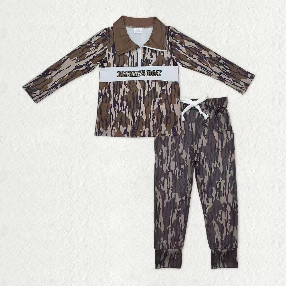 RTS Baby Boys Long Sleeves Embroidery Mama's Boy Shirt Pockets Camo Print Jogger Pants Clothes Set