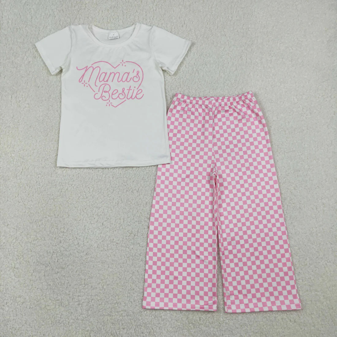 RTS Baby Girls Short Sleeves Mama's Bestie Heart Shirt Pink Plaid Pants Clothes Set