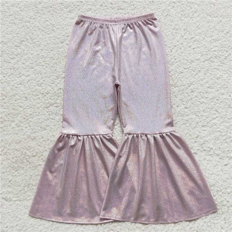 5.23 RTS NO MOQ Baby Girls Long Pants P0179 Pink Holographic Spandex Bell Bottom Pants