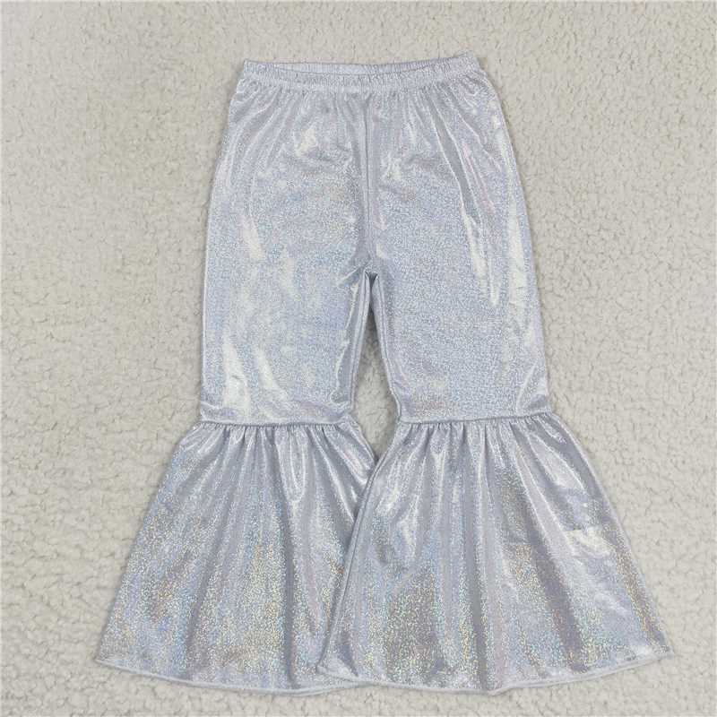 5.23 RTS NO MOQ Baby Girls Long Pants P0177 White Holographic Spandex Bell Bottom Pants