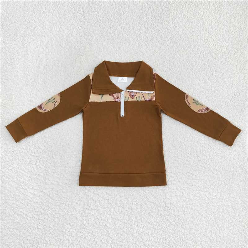 6.30 RTS NO MOQ Baby Boys Long Sleeve BT0298 Brown Cactus Highland Cow Long Sleeve Elbow Pullover Tee Shirt Tops