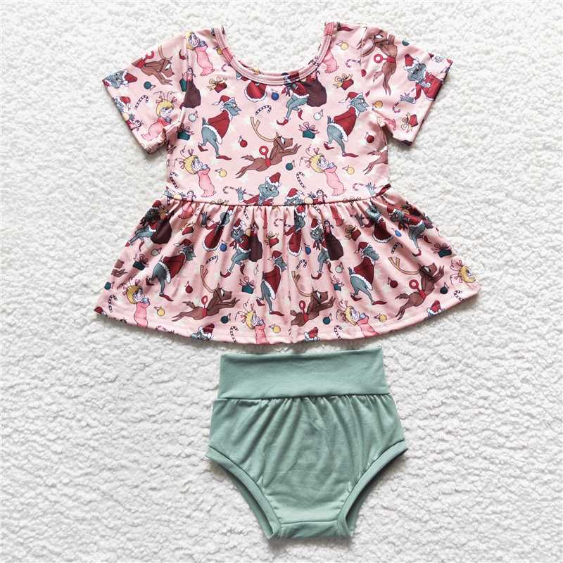 RTS NO MOQ Baby Girls Summer Outifts GBO0188 Pink Christmas Deer Short Sleeve Bummie Sets