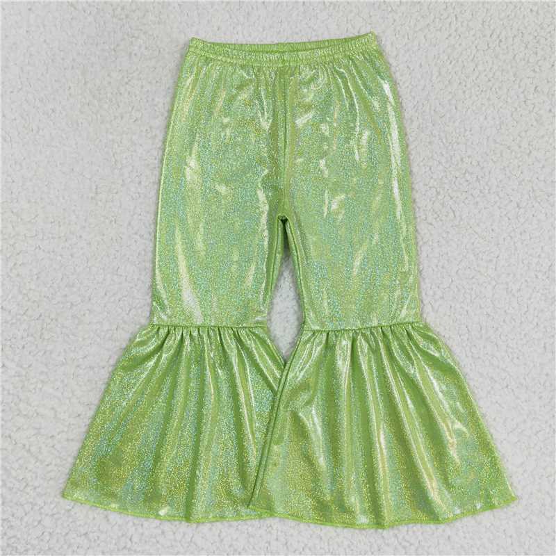 5.23 RTS NO MOQ Baby Girls Long Pants P0189 Green Holographic Spandex Bell Bottom Pants