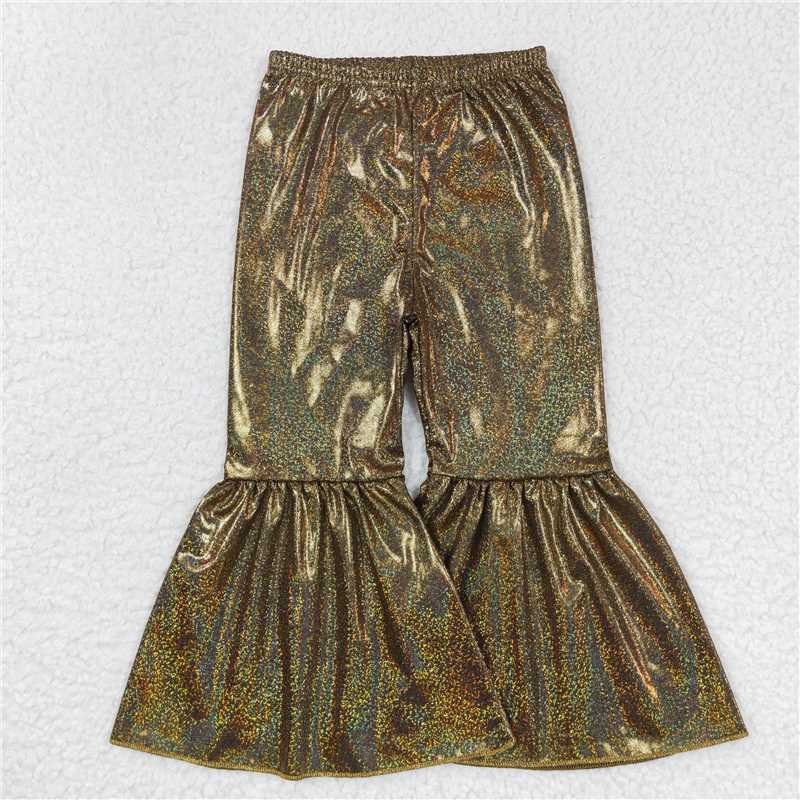 5.23 RTS NO MOQ Baby Girls Long Pants P0186 Golden Holographic Spandex Bell Bottom Pants