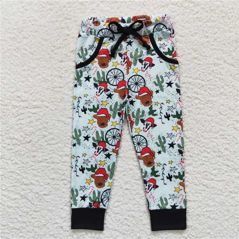 5.23 RTS NO MOQ Baby Girls Long Pants P0291 Christmas Cow Hats Cactus Pockets Pants