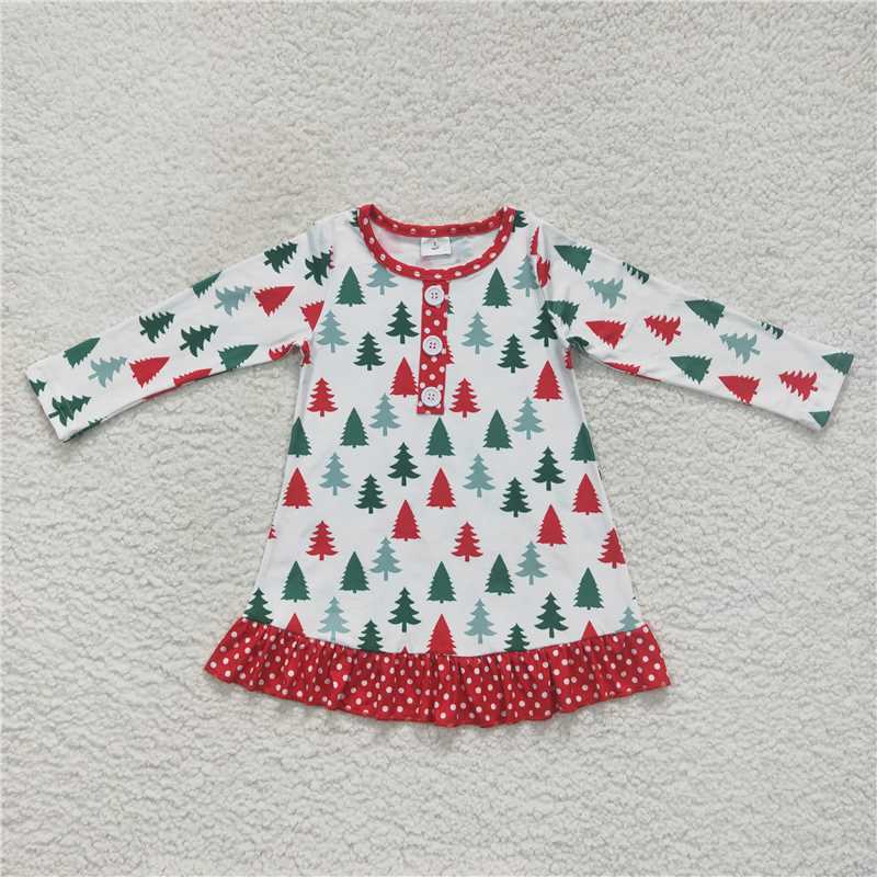 7.5 RTS NO MOQ Baby Girls Long Sleeve GLD0404 Christmas Tree Long Sleeve Knee Length Dresses