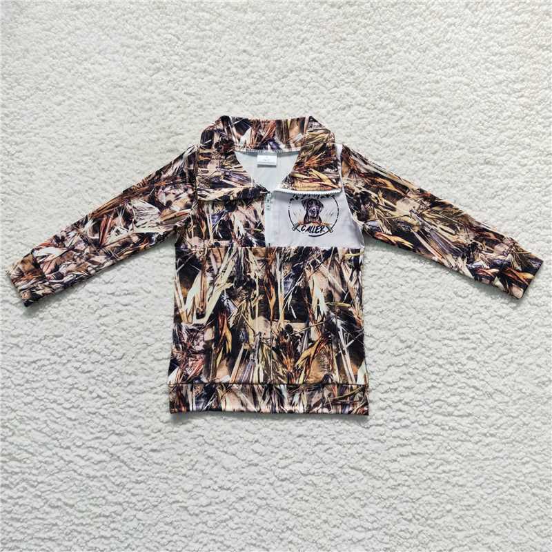 6.30 RTS NO MOQ Baby Boys Long Sleeve BT0333 Camo Hunting Dog Zip Pullover Tops