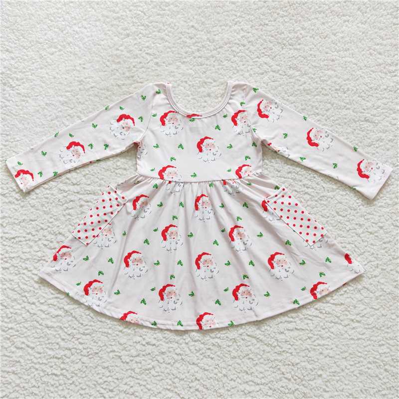 7.5 RTS NO MOQ Baby Girls Long Sleeve GLD0369 Pink Christmas Santa Long Sleeve Dresses