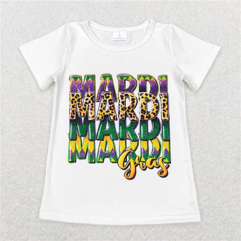 5.20 RTS NO MOQ Summer Baby Girls Short Sleeve GT0442 White Mardi Gras Short Sleeve Tee Shirts Tops