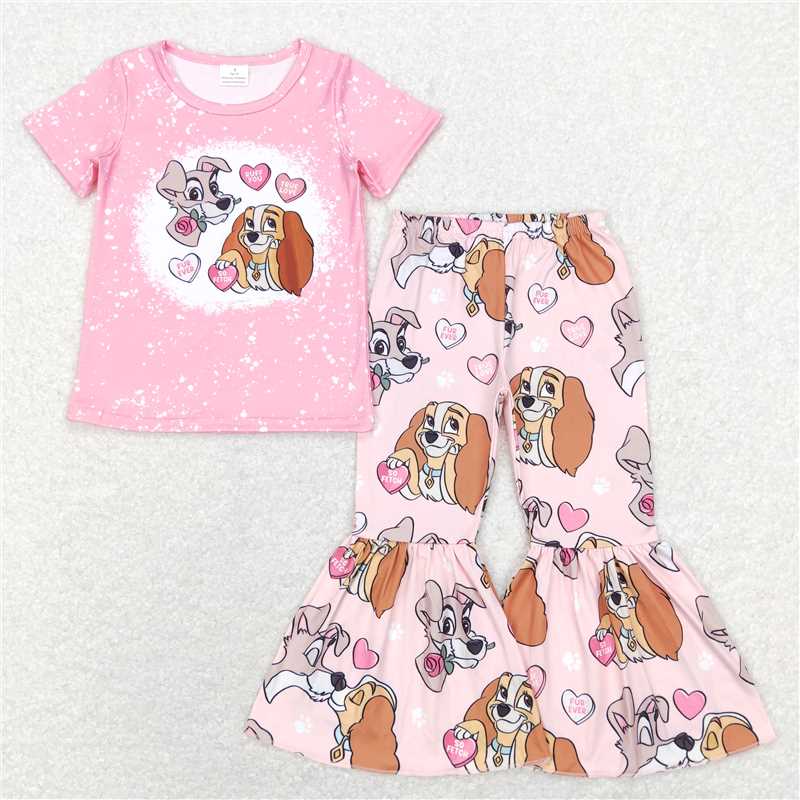 7.14 RTS NO MOQ Baby Girls Summer Kids Sets GSPO1233 Pink Dogs Valentines Tee Top Bell Bottom Pants Clothes Sets