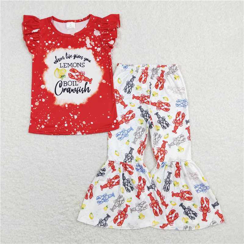 7.14 RTS NO MOQ Baby Girls Summer Kids Sets GSPO1170 Crawfish Lemons Flutter Sleeve Tee Bell Pants Clothes Sets