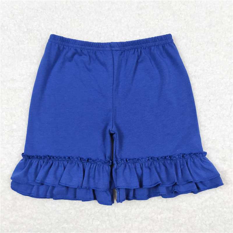 6.20 RTS NO MOQ Baby Girls Summer Pants SS0179 Blue Cotton Double Ruffle Shorts