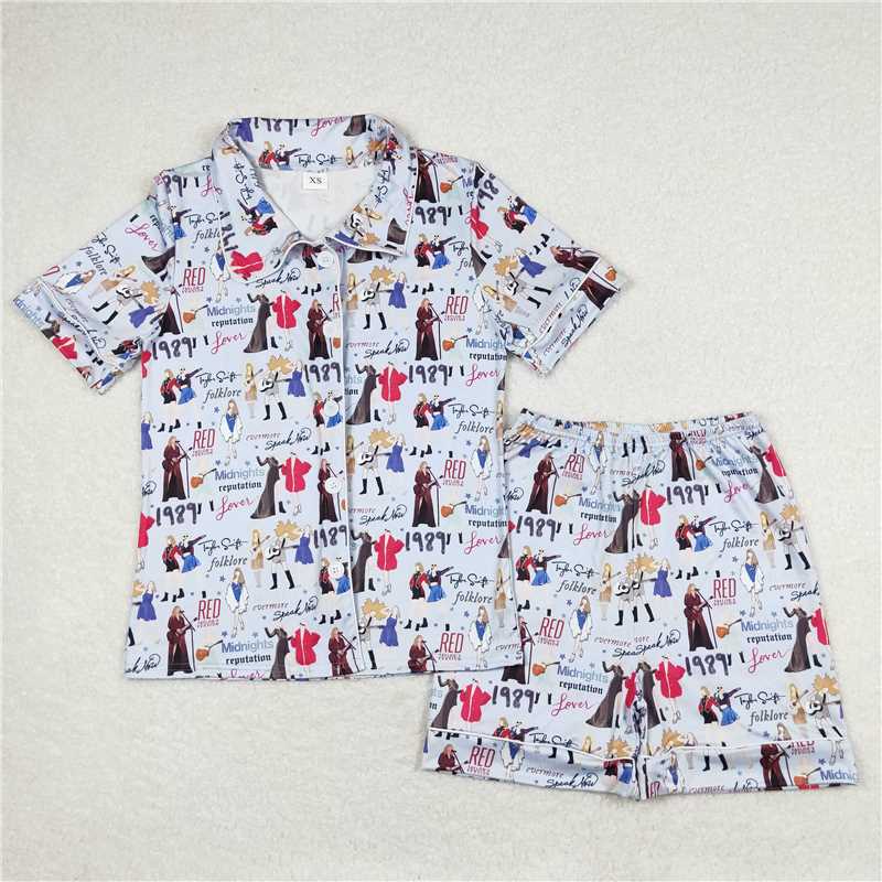 7.4 RTS NO MOQ Adult Women Summer Sets BSSO0773 Blue Color Singer Short Sleeve Buttons Tee Shorts Pajamas Sets