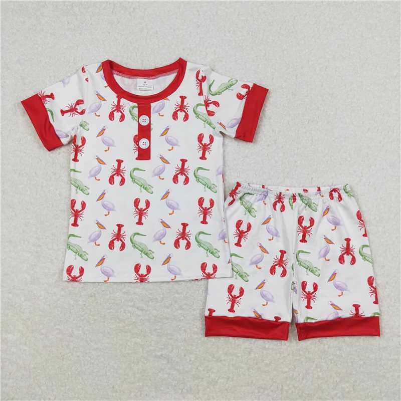 RTS NO MOQ Baby Boys kids Summer Sets BSSO0643 Crocodile Crayfish Red and White Short Sleeve Shorts Pajamas Sets