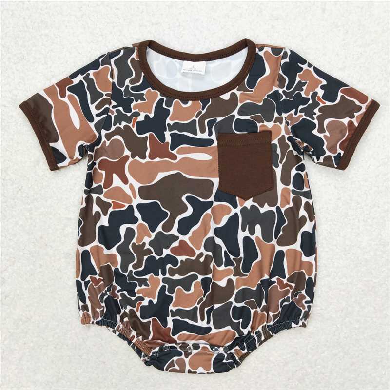 6.6 RTS NO MOQ Baby Boys Summer Bodysuit SR1580 Brown Camo Short Sleeve Pocket Rompers