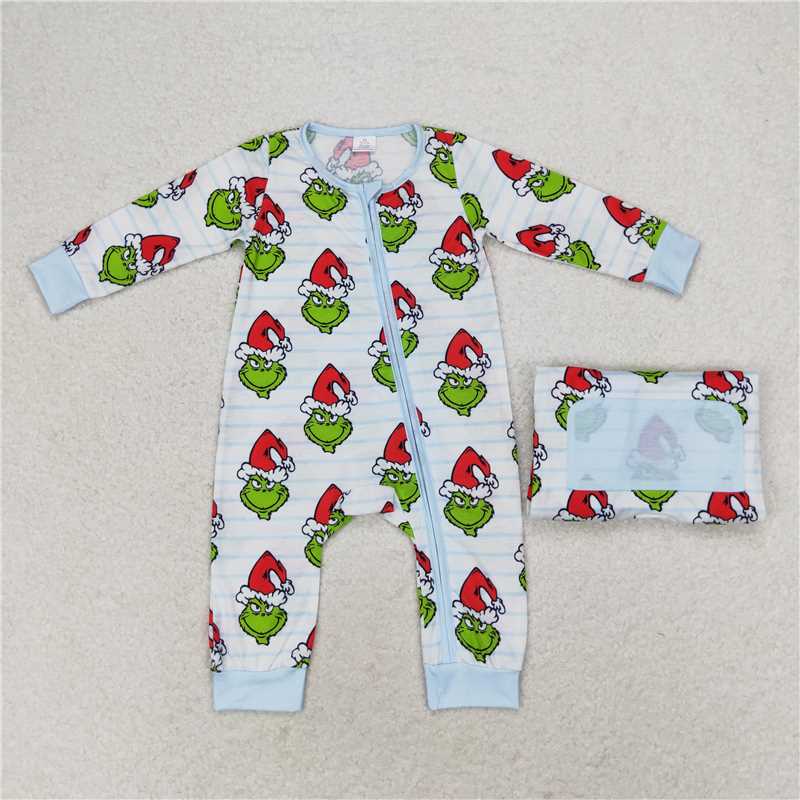 7.7 RTS NO MOQ Baby Boys Bodysuit LR1002 Green Face Long Sleeve Bamboo Christmas Zip Rompers