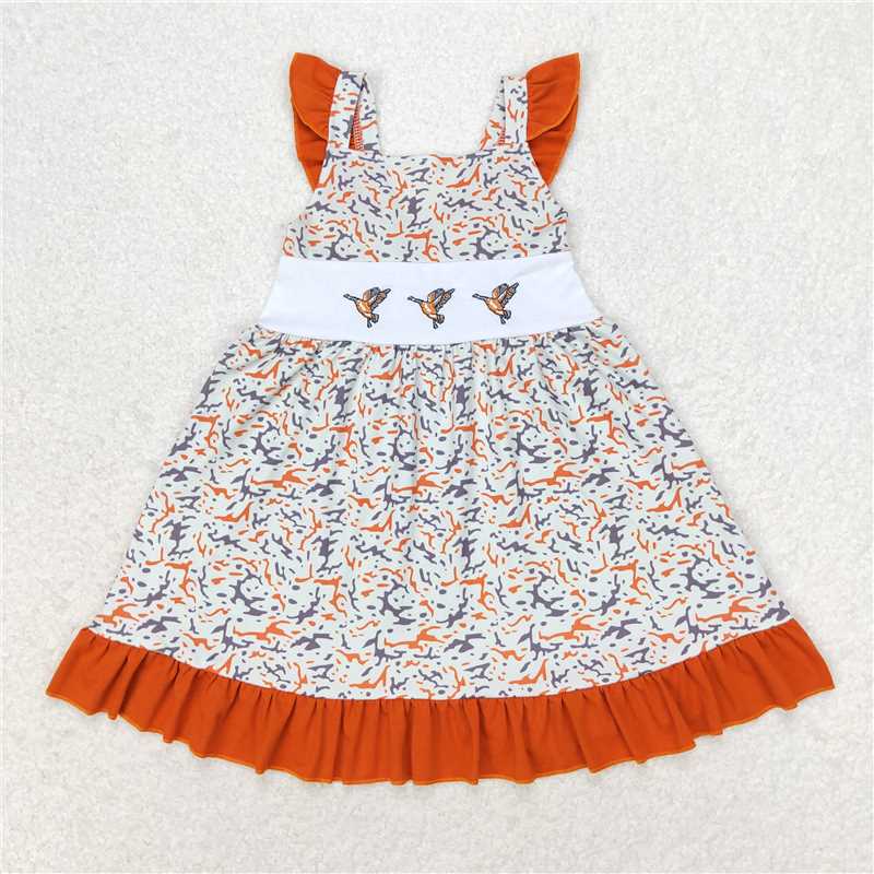 7.22 RTS NO MOQ Summer Baby Girls Dresses GSD1271 Embroidery Camo Ducks Straps Ruffle Knee Length Dresses