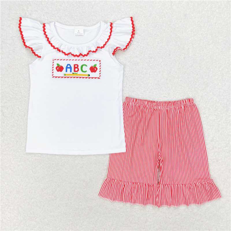 RTS NO MOQ Baby Girls Summer Sets GSSO1115 Back To School ABC Shirt Ruffle Shorts Clothes Sets