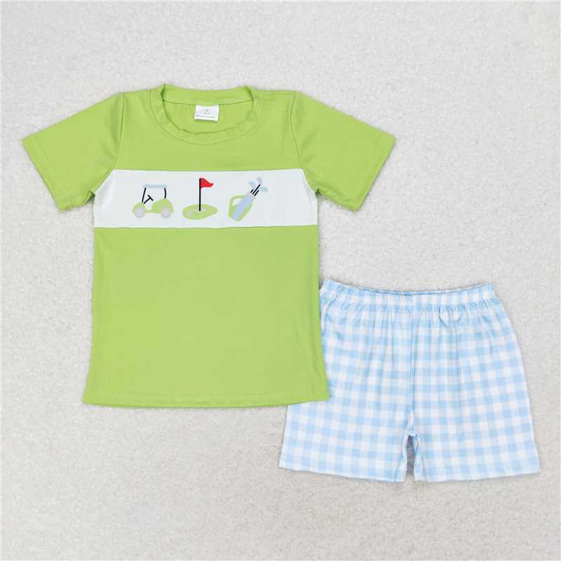 RTS NO MOQ Baby Boys kids Summer sets BSSO0667 Golf sightseeing car green short sleeve blue plaid shorts suit