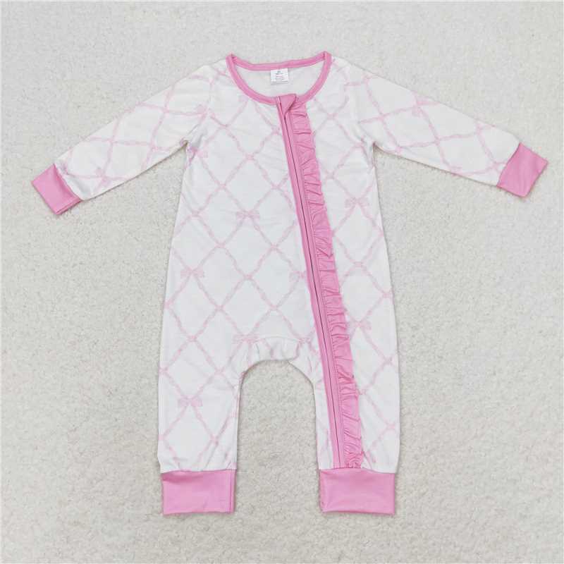 7.26 RTS NO MOQ Baby Girls Bodysuit LR0921 Pink Bows Zip Ruffle Long Sleeve Bamboo Rompers