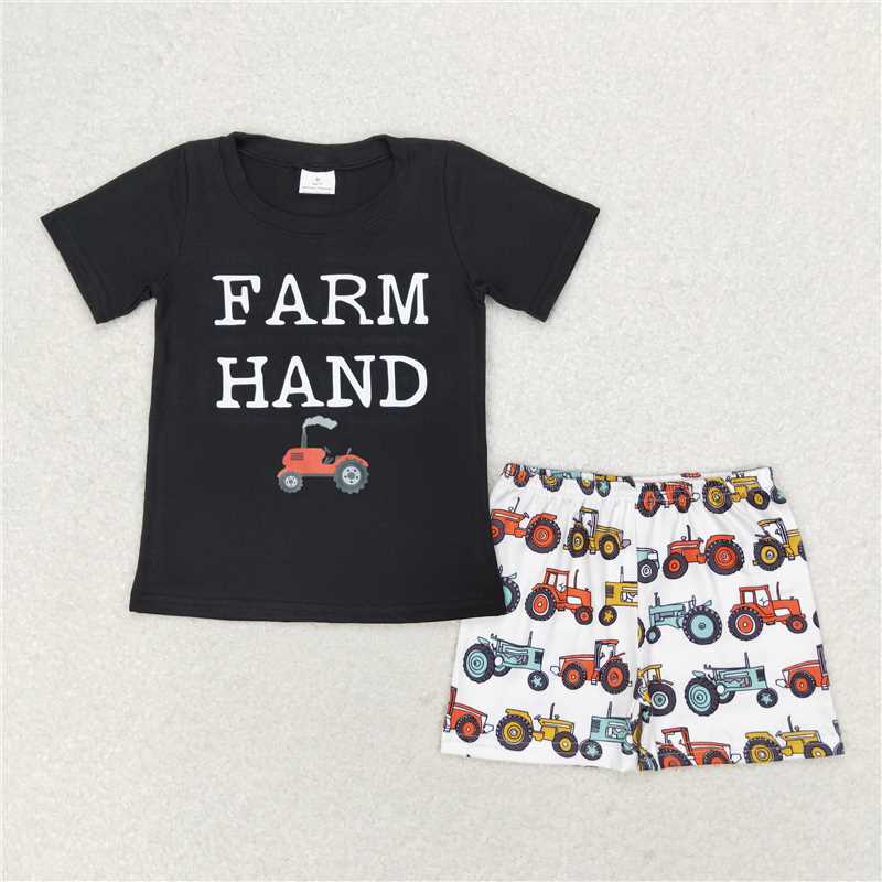RTS NO MOQ Baby Boys kids Summer sets BSSO0942 Tractor black short sleeve shorts suit