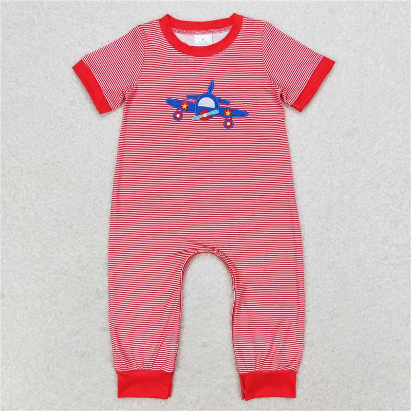 6.27 RTS NO MOQ Baby Boys Summer Bodysuit SR1043 Plane Red Stripes Short Sleeve Rompers