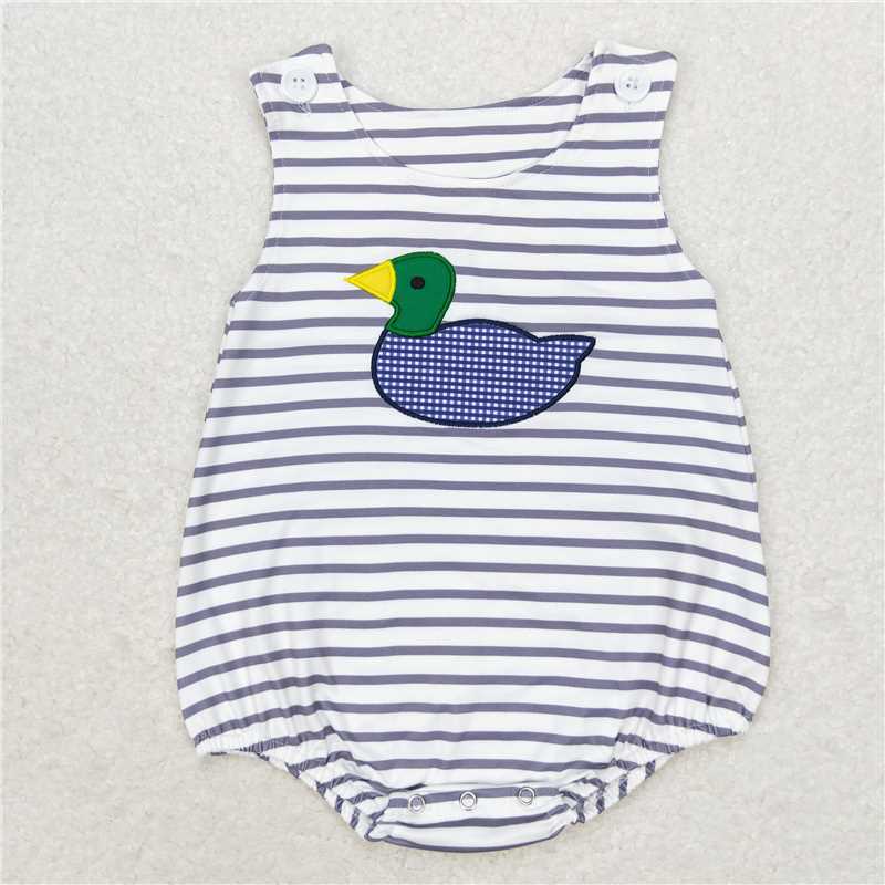 6.27 RTS NO MOQ Baby Boys Summer Bodysuit SR1592 Embroidery Blue Stripes Duck Summer Sleeveless Rompers