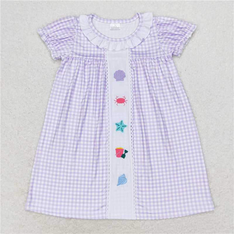 7.22 RTS NO MOQ Summer Baby Girls Dresses GSD1021 Toddler Lavender Checkered Sea Beach Knee Length Dresses