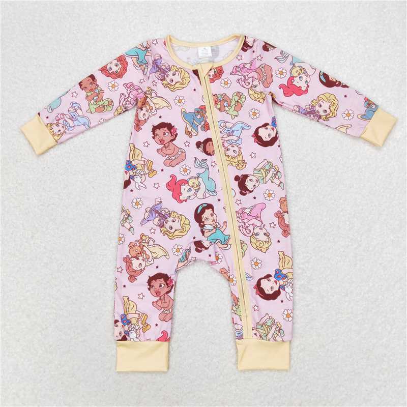 7.26 RTS NO MOQ Baby Girls Bodysuit LR0968 Princess Long Sleeve Zip Bamboo Rompers