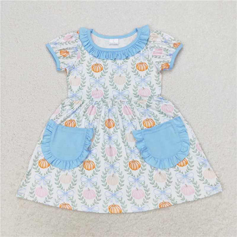 7.22 RTS NO MOQ Summer Baby Girls Dresses GSD1269 Fall Pumpkin Leaves Pockets Knee Length Dresses