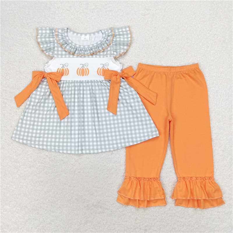 RTS NO MOQ Baby Girls Summer Kids Sets GSPO1533 Green Checkered Pumpkins Tunic Ruffle Pants Clothes Sets