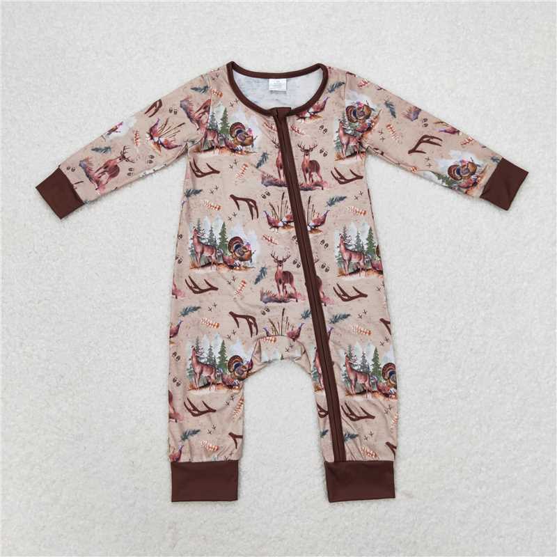 7.7 RTS NO MOQ Baby Boys Bodysuit LR1014 Deers Hunting Turkey Bamboo Zip Rompers