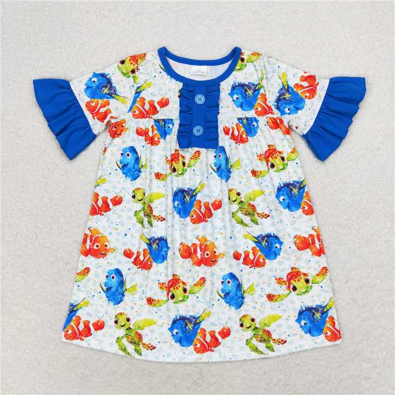 7.22 RTS NO MOQ Summer Baby Girls Dresses GSD1312 Fish Turtle Ruffle Pockets Knee Length Dresses