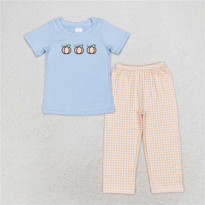 RTS NO MOQ Baby Boys Summer Sets BSPO0371 Blue Short Sleeve Pumpkins Shirt Pants Clothes Sets