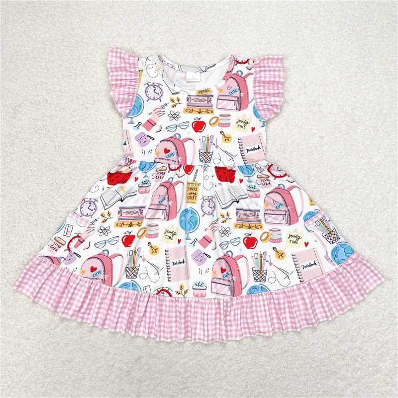 7.22 RTS NO MOQ Summer Baby Girls Dresses GSD1304 Back To School Pink Ruffle Knee Length Dresses
