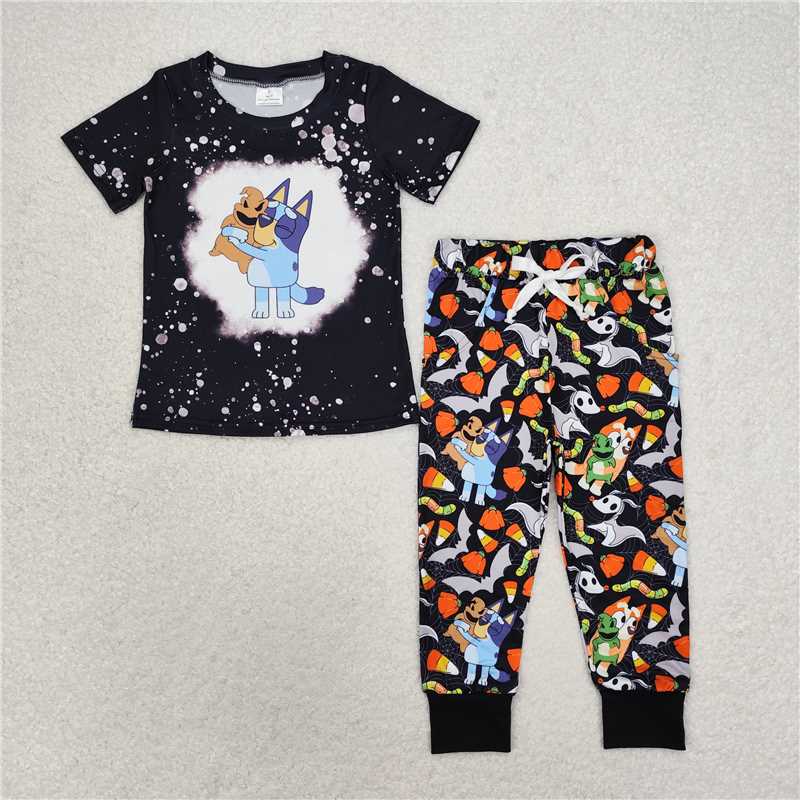 RTS NO MOQ Baby Boys Summer Sets BSPO0448 Halloween Black Bleached Dog Shirt Pants Clothes Sets
