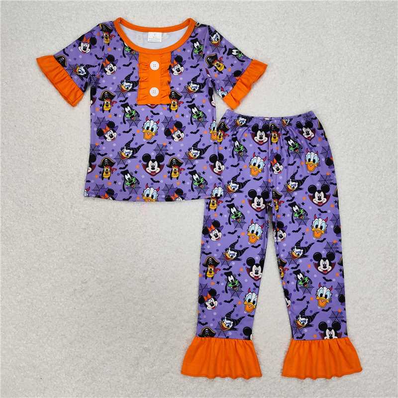 RTS NO MOQ Baby Girls Summer Kids Sets GSPO1608 Halloween Purple Top Pants Pajamas Clothes Sets